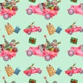 Seamless pattern with Christmas gnomes, red vintage truck, gifts and champagne. Royalty Free Stock Photo